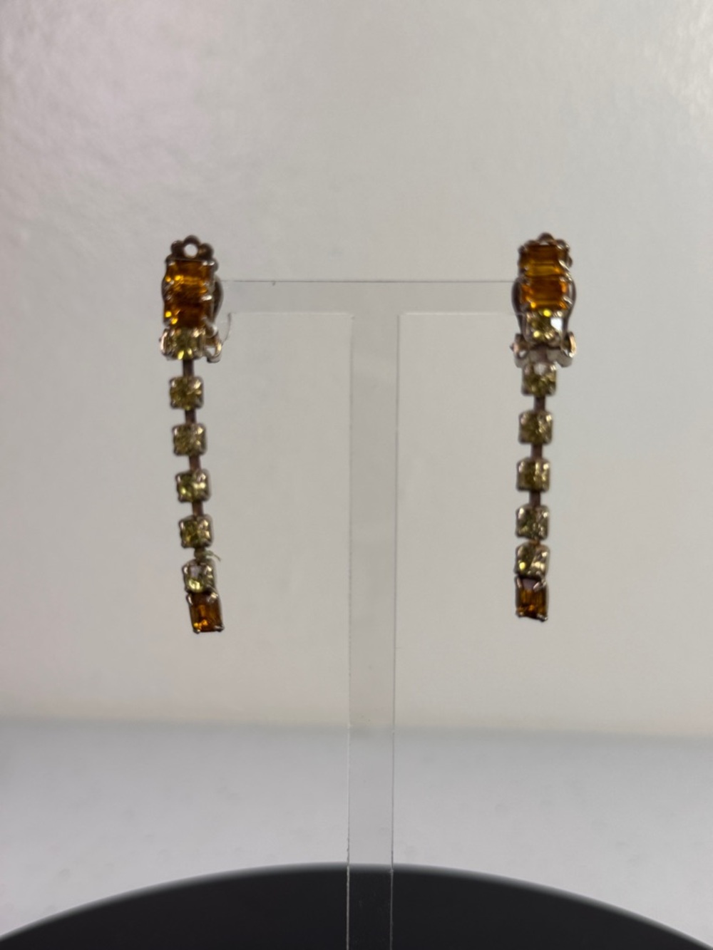 Vintage Amber & Clear crystal Rhinestone Clip-On Drop Earrings + Velvet Gift Bag - Picture 7 of 12